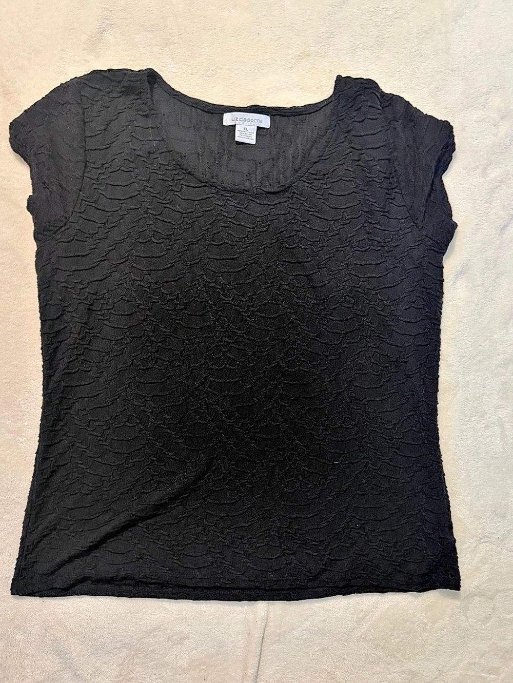 Liz Claiborne Textured Short Sleeve Top in Black Size XL